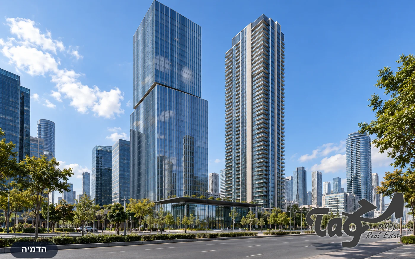 הדמיה: מגדלי מידטאון עם חזיתות זכוכית, רחבה ירוקה ושדרה רחבה בחזית