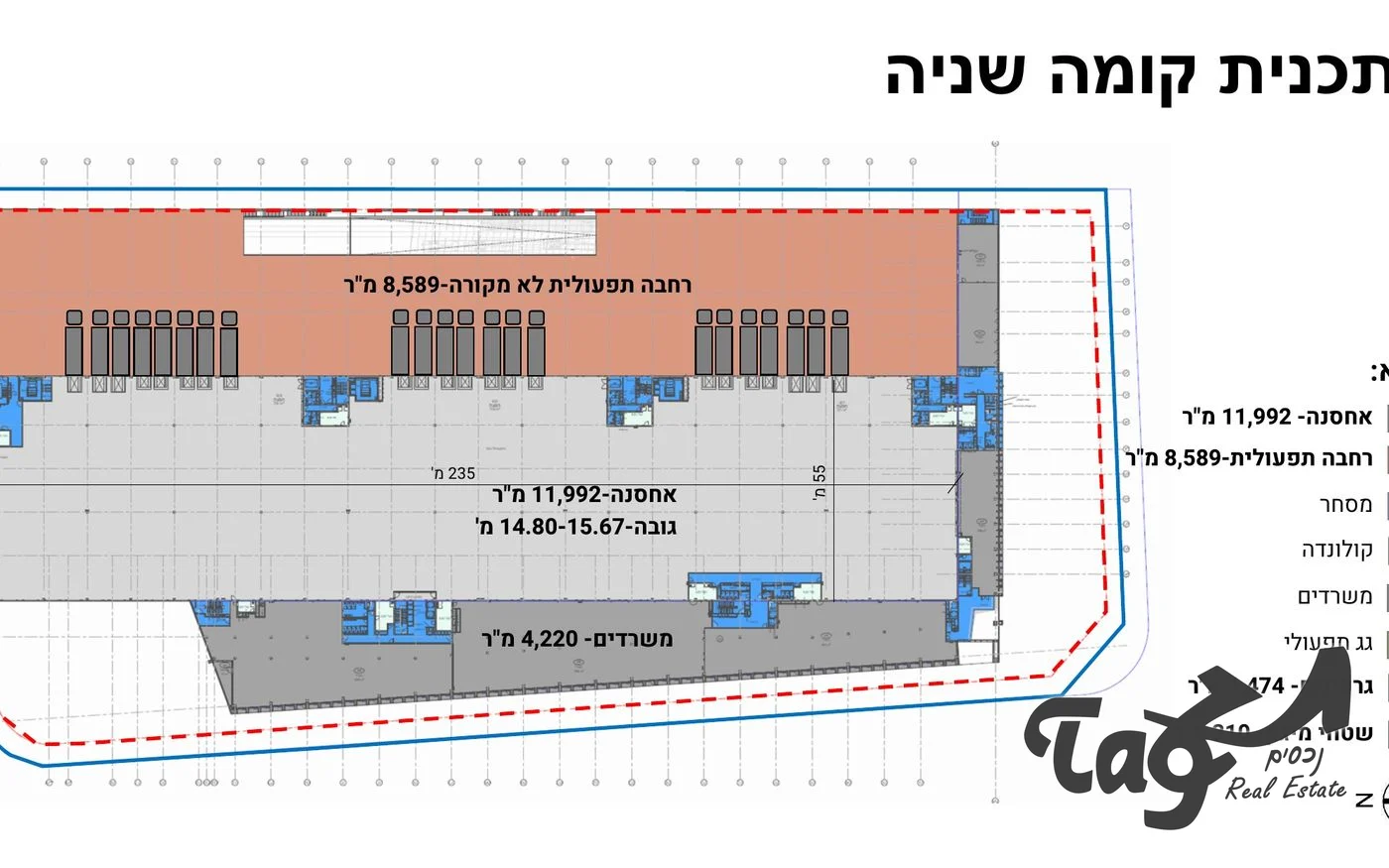 תוכנית הקומה השנייה: אחסנה כ־11,992 מ״ר ומשרדים; שטח תפעולי בקומה השנייה: כ־8,589 מ״ר, לא מקורה
