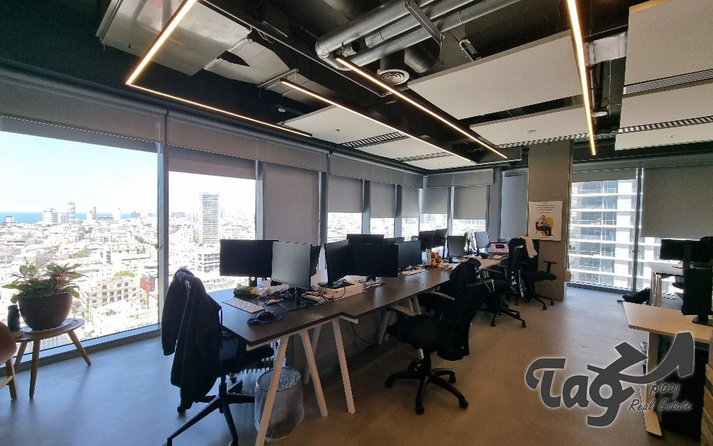 שורת עמדות עבודה באופן ספייס לאורך החלונות, עם נוף לעיר ולים